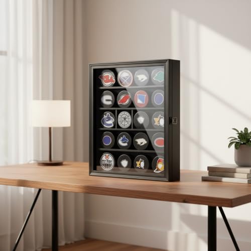 20 Hockey Puck Display Case - Puck Holder Wall Mount Cabinet Stand - Hockey Puck Shadow Box with Glass, Large Black - size: Large-Black