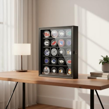 20 Hockey Puck Display Case - Puck Holder Wall Mount Cabinet Stand - Hockey Puck Shadow Box with Glass, Large Black - size: Large-Black