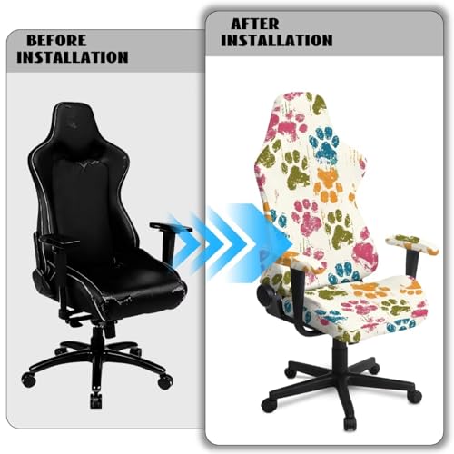 Dog Paw Print Gaming Chair Covers Slipcovers Skin Friendly Breathable Elastic Computer Desk Chair Cover with Armrest Covers for Ergonomic Game Rotating Office Chairs - color: Beige and Multi - Dog Paw