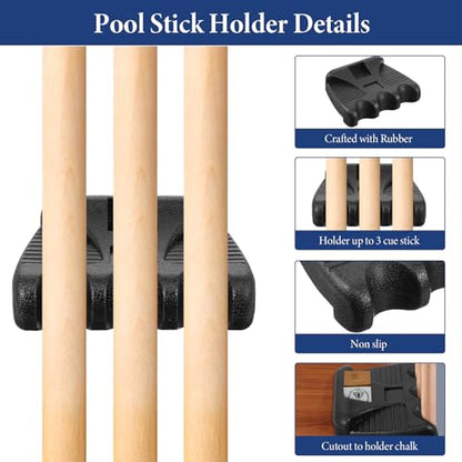 2 Pcs Black Pool Cue Holders, 3 Holes Portable Weighted Billiard Cue Racks with Chalk Holders, Non-Slip Rests for Pool Tables