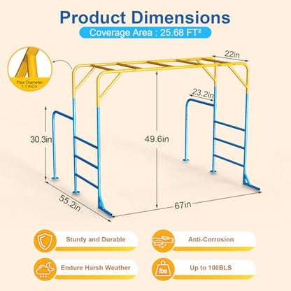 Monkey Bars for Kids, Outdoor Monkey Bar Set with Climbing Frame, Heavy-Duty Metal Playground Climbing Playset for Backyard, Kids Jungle Gym for Aged 3+