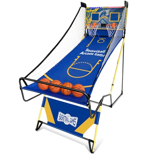 Arcade Basketball Sport,Foldable Indoor Dual Basketball LED Scoring System with Sound Effects,Dual Shoot Sport for Home, Rec Room.Fun for All Players - color: Blue