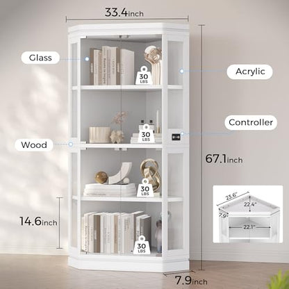 Jocoevol Corner Display Cabinet with 4 Glass Doors, 4-Tier Display Cases with RGB Lights for Collectibles, 67'' Tall Corner Curio Cabinet with Human Body Sensor for Living/Game Room (White)