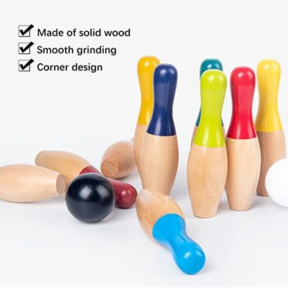 Wooden Bowling Game, Garden Game Set with 10 Pins 3 Balls and Mesh Bag for Adults, Indoor Outdoor Lawn Backyard Activity