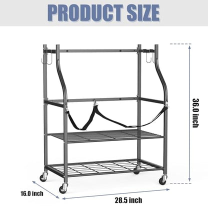 WALMANN Wall-Mounted Golf Bag Organizer, Rolling Storage Rack for 2 Golf Bags with Accessories Shelf for Garage