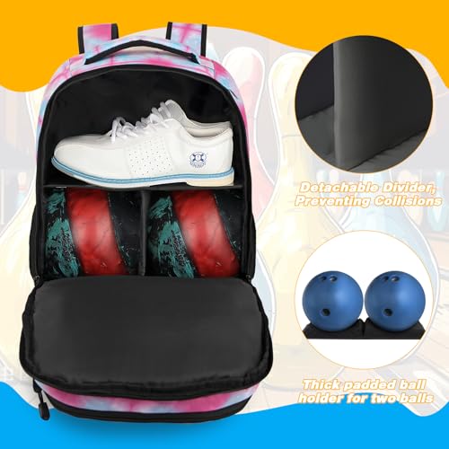 Goloni 2 Ball Bowling Backpack,Bowling Ball Bag with Shoe Compartment & Portective Foam Padded, Fits Shoes Up to US Size 16 - color: Dyeing
