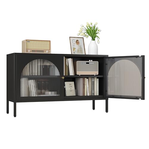Translucent Door Storage Cabinet with Adjustable Shelves,Metal TV Stand,Multipurpose Metal Storage Accent Cabinet for Home, Office, Entryway,LivingRoom (Black) - color: Black, style: 40.16‘’tv stand cabinet