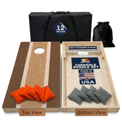 Cornhole365 Complete Cornhole Board Set - Includes Solid Wood Cornhole Board, 8 All-Weather Cornhole Bags, Portable Carrying Case & String Tote Bag Outdoor Game Bundle - color: Tri Stained Stripes