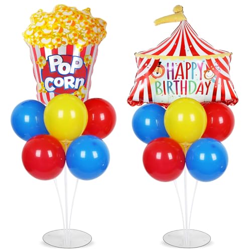 Carnival Circus Birthday Party Balloons Stand Kit 2 Sets with 2 Circus Tent Popcorn Foil Balloons Plim Themed Red Blue Yellow Balloon Centerpiece for Tables for Carnival Birthday Party Decorations - style: Carnival Circus