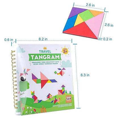 Vanmor Travel Tangram Puzzle with 2 Sets Magnetic Plate-Montessori Shape Pattern Blocks Jigsaw Road Trip Games with 368 Solution - IQ Book Educational Toy Brain Teaser Gift for Kids Adults Challenge - style: 368 Solution