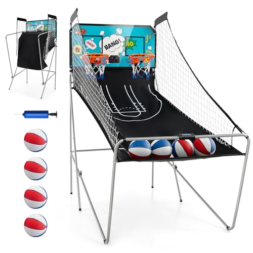 GYMAX Arcade Basketball Game Indoor Foldable with 8 Game Modes, Arcade Sound, 4 Balls and Inflation Pump, Electronic Basketball Games for Home - color: Green