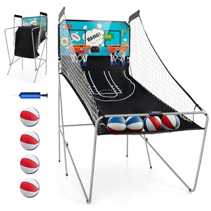 GYMAX Arcade Basketball Game Indoor Foldable with 8 Game Modes, Arcade Sound, 4 Balls and Inflation Pump, Electronic Basketball Games for Home - color: Green