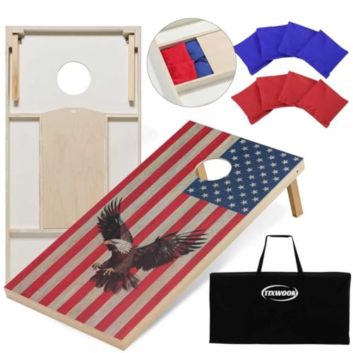 Regulation Cornhole Board Set with Storage Capability, 4 x 2 ft Solid Wood Cornhole Game Set with 8 Bean Bags and 2 Cornhole Board, Premium Corn Hole Game for Adults and Family (American Flag)