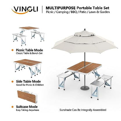 VINGLI 4 Ft Camping Picnic Table Set with 4 Seats with Umbrella Hole Folding Lightweight Suitcase Card Table-220 Lbs Support Aluminum Frame, Plastic RV Tabletop for Barbecue,Travel,Outing,Gathering - color: Natural