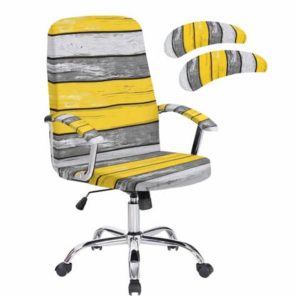 Coastal Style Office Chair Cover with Armrest Covers, Retro Gray Yellow Stripes Wood Grain Universal Stretch Desk Rotating Chair Slipcovers, Removable Seat Protector with Zipper, L - color: Yellow Gray, size: Large & 2PCS Armrest Covers