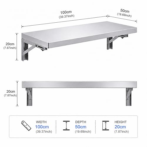 Wall Mounted Folding Table,304 Stainless Steel Wall Folding Desk,Floating Table for wall,Laundry Room Folding Table,Home Bars and Dining Establishments(100x50cm /39.4"x19.7")