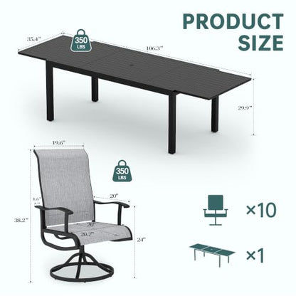 PIZZELLO 11 Pieces Patio Dining Set, 106" Extendable Aluminum Patio Dining Table w/ 10Pcs Textilene Swivel Patio Chairs, All-Weather Outdoor Table and Chairs Sets for Backyard, Garden and Deck - size: 106"Table + 10 Swivel Chairs
