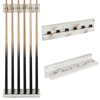 MyGift Vintage Whitewashed Wood Billiards Pool Stick Holder, Wall Mount Pool Cue Rack with Clips, Pool Table Organizer Accessories Set (Cue Rack Only), Holds up to 6 Cues