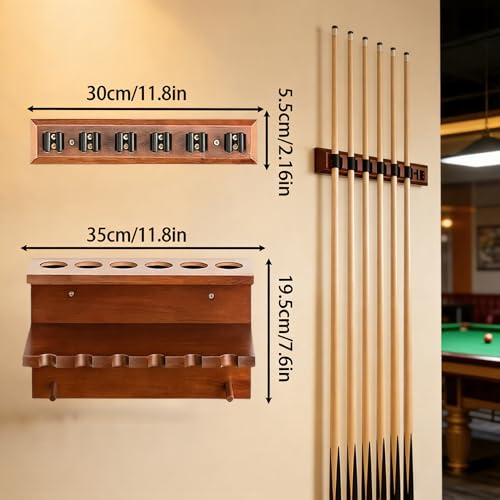 SUPERDIAMOND Hardwood Pool Cue Rack Wall Mount, 6 Pool Stick Holder with Accessory Storage Shelf & Triangle Hooks, Adjustable 2-Piece Space Saving Billiard Organizer for Game Room, Man Cave (Black) - size: 6 Cues, style: SU-wa6-Cue Racks-black2