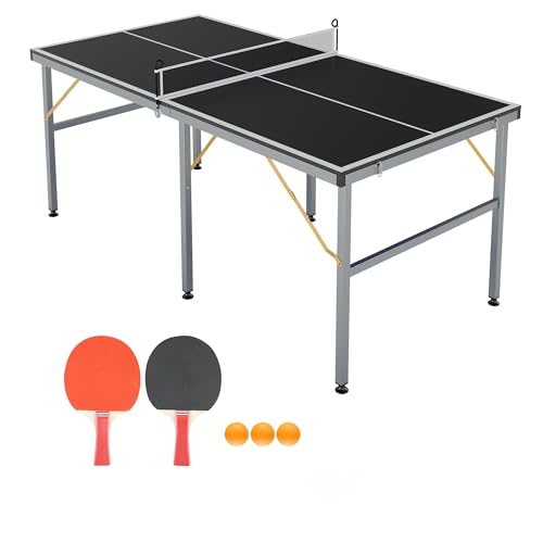 Folding Ping Pong Table 6x3 ft, 12mm MDF Indoor Outdoor Portable Ping Pong Table with Net, Wheels and Playback Mode for Home Game Room, Black