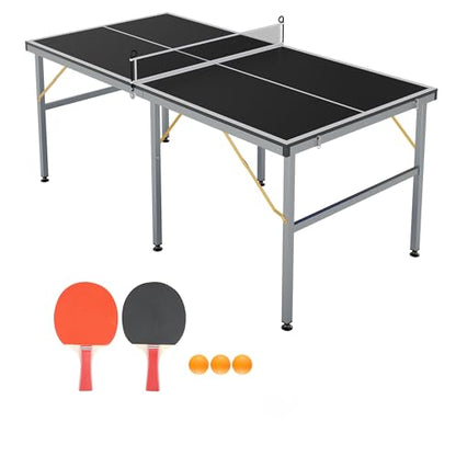 Folding Ping Pong Table 6x3 ft, 12mm MDF Indoor Outdoor Portable Ping Pong Table with Net, Wheels and Playback Mode for Home Game Room, Black