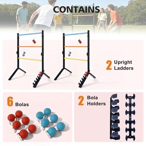 Ladder Ball Set, Steel Ladderball Game Set with 6 Soft Rubber Bolo Balls, Built-in Scoring System, Game for Family, Outdoor, Yard, Camping, Beach, Lawn, Party, Picnic