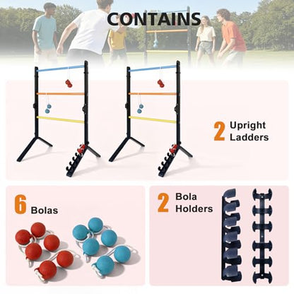 Ladder Ball Set, Steel Ladderball Game Set with 6 Soft Rubber Bolo Balls, Built-in Scoring System, Game for Family, Outdoor, Yard, Camping, Beach, Lawn, Party, Picnic