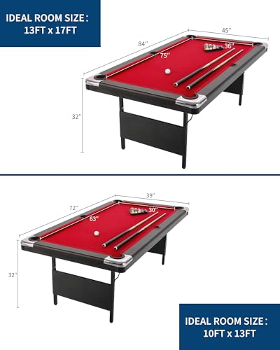 6/7 Foot Pool Table，Foldable Pool Table with Full Set of Balls, 2 Cue Sticks, Chalk & Felt Brush, Portable Billiards Table for Home, Family Game Room, Basement, Man Cave, Mesa De Billar