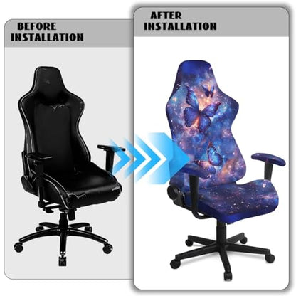 Suobstales Galaxy Butterfly Pattern Gaming Chair Cover with Armrest Covers 4 Pieces Stretch Racing Computer Chair Slipcover Set for Reclining Racing Gaming Chair - color: Galaxy Butterfly