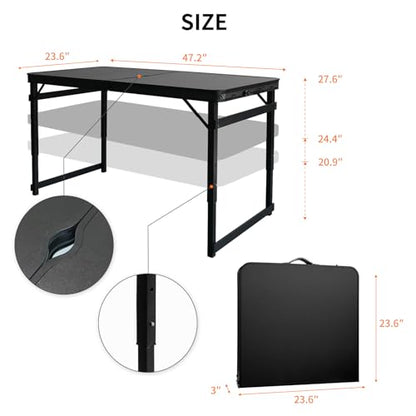 4FT x 2FT Folding Camping Table Adjustable Height with Umbrella Hole, Aluminum Alloy Legs Foldable Portable Outdoor Table for Picnic, Travel, Parties, Kids Craft, Market Vendor Use - size: 4 ft × 2 ft × 2.3 ft H, with Umbrella Hole