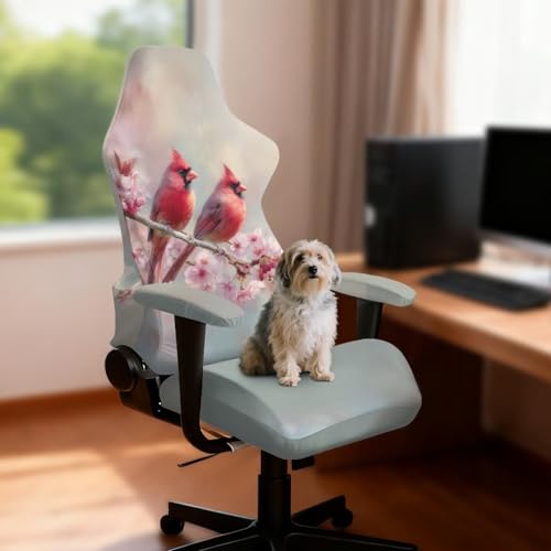 Suobstales Cardinal Cherry Blossom Pattern Gaming Chair Covers Waterproof Cat Scratch Proof Stretch Game Chair Cover with Armrest Anti-Scratch Protection for Ergonomic Gaming Rotating Desk Chair - color: Cardinal Cherry Blossom
