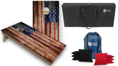Tournament Grade Tailgating Pros American Flag Wooden Plank Design Cornhole Board Set w/Bean Bags and Carrying Case - 4'x2' Corn Hole Toss Game w/Built in Lights - color: Black / Red