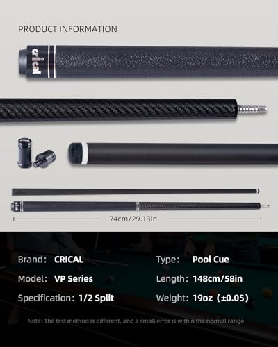 CRICAL Carbon Fiber Pool Cue with Stick Low Deflection Shaft - 58 Inch Billiard Cue Stick with Cowhide Grip & 3K Weave Design, 12.5mm Tip, Fixed Weight (19oz), 3/8x8 Joint – Ideal for Players - color: CL-VP-1