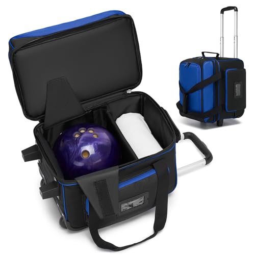Single Roller Bowling Bag with Wheels, 1 Bowling Ball Bag with Separate Shoe Compartment and Retractable Handle Extends to 37.0 Inches, Padded Foam Ball Insert - color: Blue