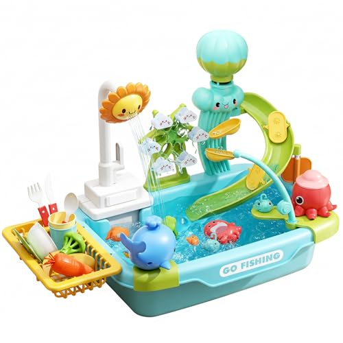 Water Table for Toddlers 1-3, 20inch Water Activity Sensory Playset with Running, Fishing, Dishwashing & Slide, Electric Circulation Toy Play Sink for Summer Outdoor (Style 2) - color: Octopus