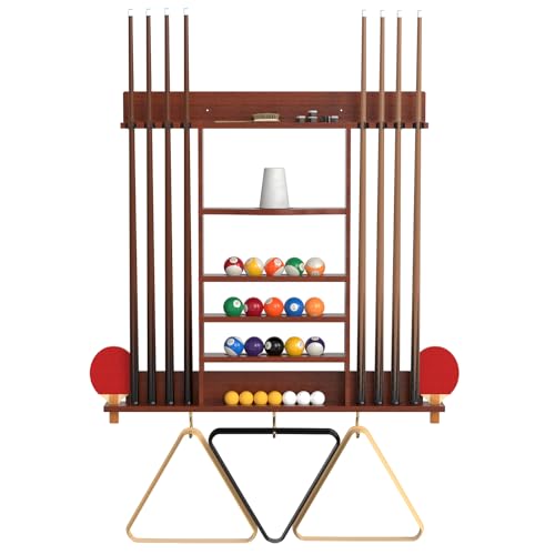 Pool Cue Rack 8 Pool Stick Holder Wall Mount 2-in-1 Pool Stick & Ping Pong Paddle Holder Billiard Cue Rack Solid Wood Billiard Table Accessories for Billiard Room, Game Room (Classic Burgundy)