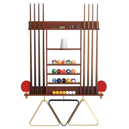 Pool Cue Rack 8 Pool Stick Holder Wall Mount 2-in-1 Pool Stick & Ping Pong Paddle Holder Billiard Cue Rack Solid Wood Billiard Table Accessories for Billiard Room, Game Room (Classic Burgundy)