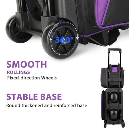 Goloni 3 Ball Bowling Bag with Wheels, 2+1 Double Roller Bowling Bag with Shoe Compartment,Tote Bag for Bowling Accessories - color: 3 Ball-Purple