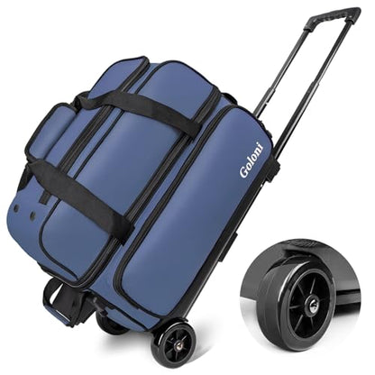 Goloni Double Roller 2 Ball Bowling Bag with Separate Shoe Compartment,2 Ball Bowling Bag with Wheels,Retractable Handle Extends to 40" - color: Blue