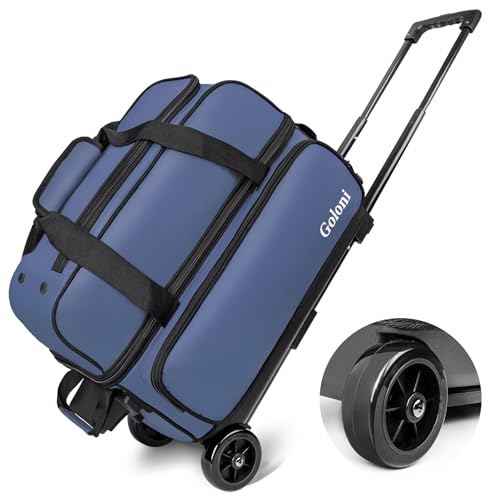 Goloni Double Roller 2 Ball Bowling Bag with Separate Shoe Compartment,2 Ball Bowling Bag with Wheels,Retractable Handle Extends to 40" - color: Blue