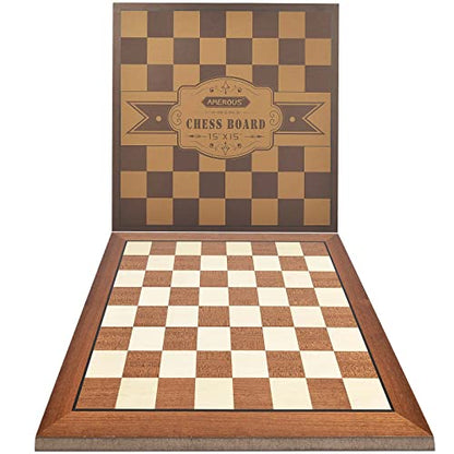 AMEROUS 15'' x 15'' Wooden Chess Board No Pieces, Professional Tournament Chessboard Only with Gift Package - Chess Rules, Portable Chess Board for Beginners, Kids, Adults