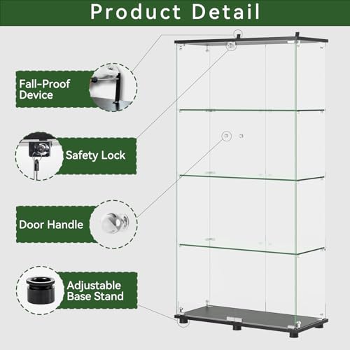 Glass Display Cabinet with 4-Shelf Double Doors and Lock, 5mm Tempered Glass Floor Standing Bookshelf for Living Room, Bedroom, Office, 64 x 31.7 x 14.3 in, Black - size: 64 x 31.7 x 14.3 in -4-Tier