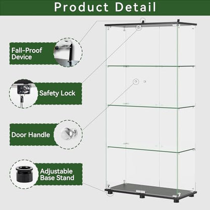 Glass Display Cabinet with 4-Shelf Double Doors and Lock, 5mm Tempered Glass Floor Standing Bookshelf for Living Room, Bedroom, Office, 64 x 31.7 x 14.3 in, Black - size: 64 x 31.7 x 14.3 in -4-Tier