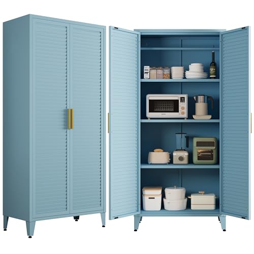 Pantry Cabinet Locker with 3 Adjustable Shelves, 4-Tier Freestanding Kitchen Storage Organizer, Multi-Function Storage Unit for Kitchen, Entryway and Hallway Blue - color: Ocean, style: Pantry-61"H-TW