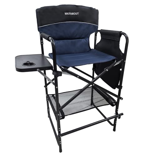 Tall Folding Director Chair 30.7" Seat Height Foldable Bar Stool for Makeup Artist Face Painting with Side Table Carry Bag and Cosmetic Bag Supports 350LBS - color: Navy-padded