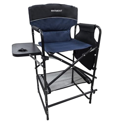 Tall Folding Director Chair 30.7" Seat Height Foldable Bar Stool for Makeup Artist Face Painting with Side Table Carry Bag and Cosmetic Bag Supports 350LBS - color: Navy-padded
