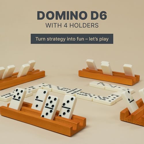 Queensell Dominos Set for Adults with 4 Domino Racks - Double 6 Dominoes Set with Domino Holder, Classic Board Games for Kids and Adults - Double Six Standard Dominos Set 28 Tiles with Travel Case - style: D6 + 4 Holders