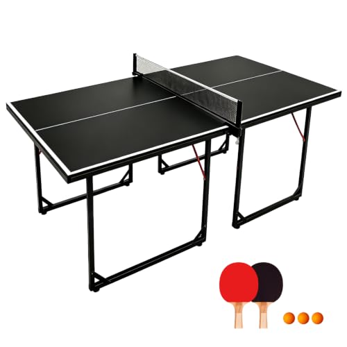 6x3 FT Table Tennis Table, No Assembly Required Portable Ping Pong Table Set with Net, 2 Table Tennis Paddles and 3 Balls, Space Saving Mid-Size Game Table for Home, Garage & Family Fun - color: Black