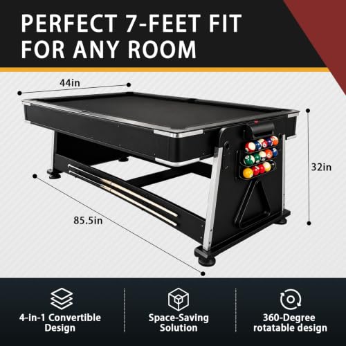 4-in-1 Multi Game Table – Pool Table,Air Hockey Table,Ping Pong Table & Dining Table Combo with Flip-Top Design,Includes Full Accessories.7ft Billiard Tables for Living Room,Bar,and Game Room. - color: Black