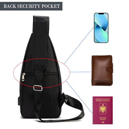 Seoky Rop Men Women Sling Backpack Nylon Water Resistant Shoulder Chest Crossbody Sling Bag with USB Charging Port - color: Black